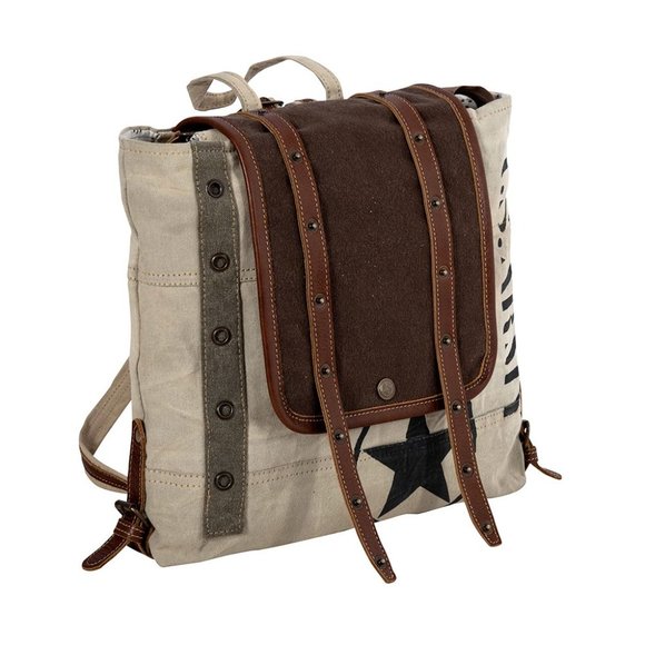 Myra Bag Handmade Army Backpack Upcycled Canvas & Cowhide Leather - Picture 4 of 10